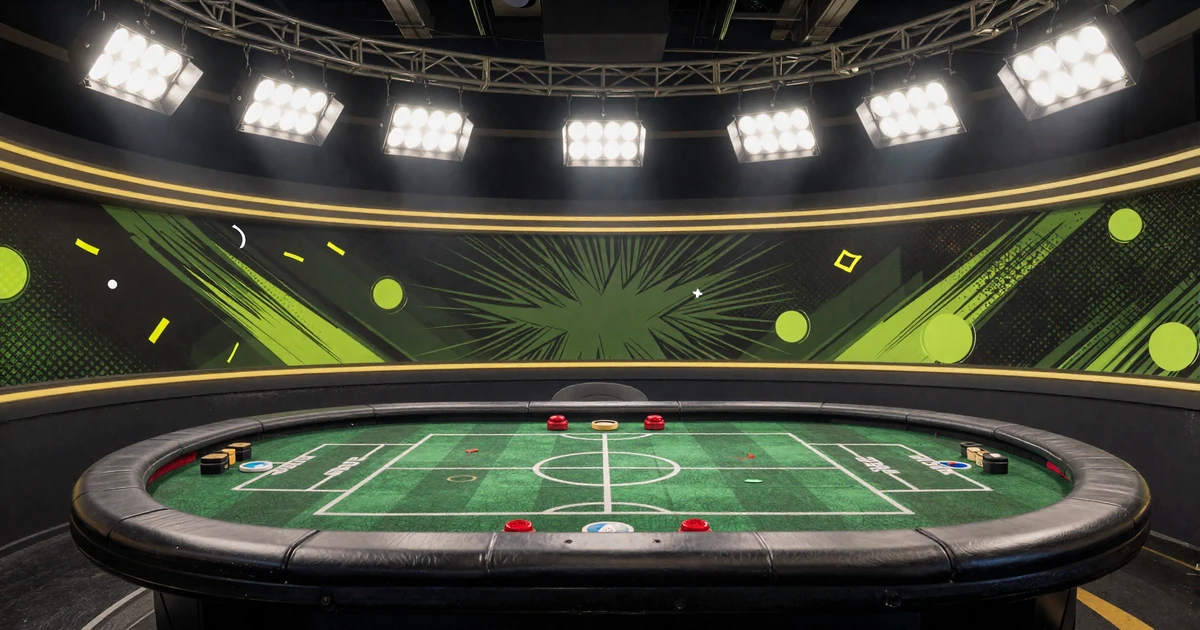 Comic-Stil Live Casino Studio mit Dealer-Tisch im Fu&szlig;ballrasen-Gr&uuml;n und Stadionflutlicht