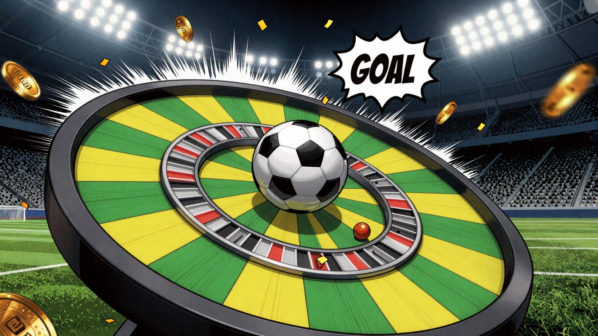 Comic-Style Roulette-Rad mit fu&szlig;ballthematik im Limettengr&uuml;n und Gelb mit Konfetti und Stadionflutlicht