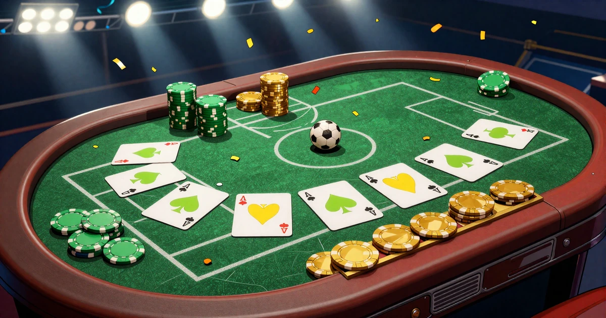 Comic-Style Blackjack-Tisch mit gr&uuml;nem Filz in Form eines Fu&szlig;ballfelds, Karten und Chips im Stadionlicht
