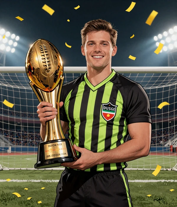 Schiedsrichter im Comic-Stil h&auml;lt goldenen Fu&szlig;ball-Troph&auml;e vor Tor mit Konfetti