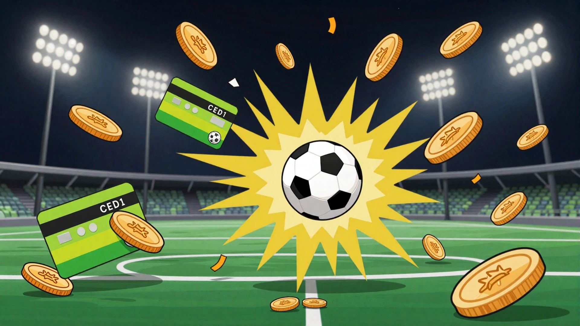 Comic-Style Zahlungsszene mit goldenen Fu&szlig;ball-M&uuml;nzen und Kreditkarten mit Limettengr&uuml;n-Streifen vor Stadionflutlicht