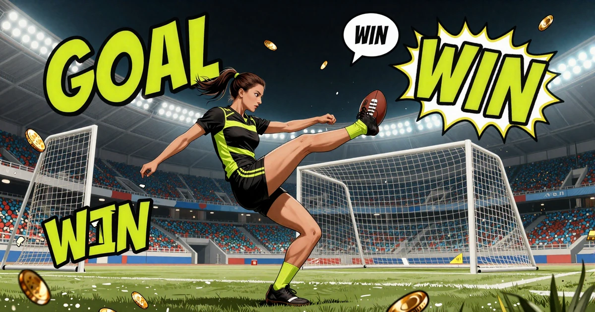 Comic-Style Fu&szlig;ball-Szene mit Athletin beim Torschuss vor Stadionflutlicht