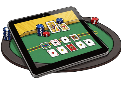 Tablet im Querformat mit Blackjack-Tisch und gelben Akzenten in der Benutzeroberfl&auml;che