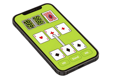 Smartphone im Querformat mit Blackjack-Tisch und limettengr&uuml;ner Benutzeroberfl&auml;che