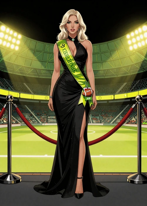 VIP-Dame im Comic-Stil mit Fu&szlig;ball-f&ouml;rmigem VIP-Badge vor Samtseil und Stadionlichtern