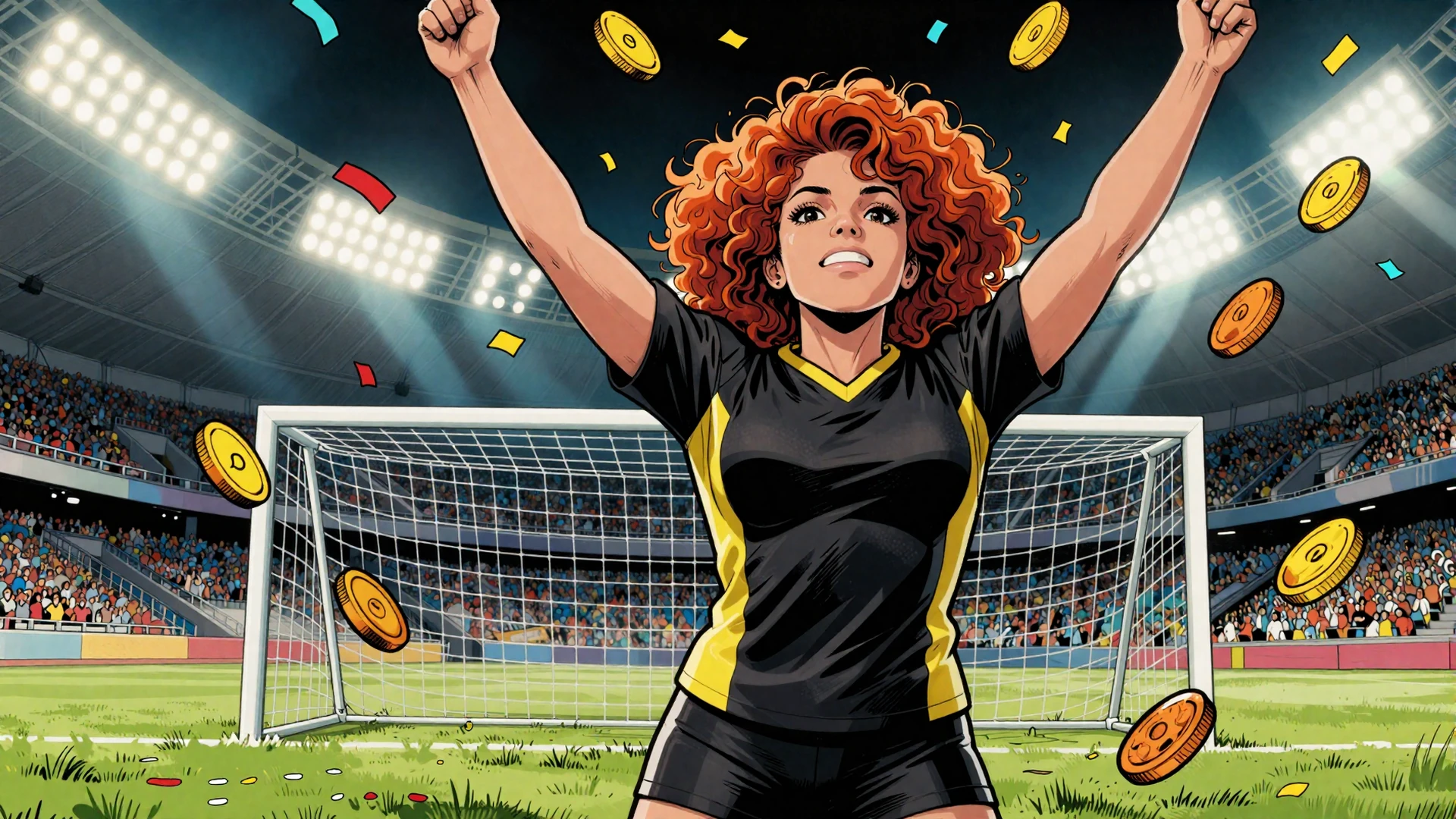 Comic-Style Athletin mit rotem Haar feiert Casino-Bonus mit Goldm&uuml;nzen und Konfetti vor Fu&szlig;balltor unter Stadionflutlicht