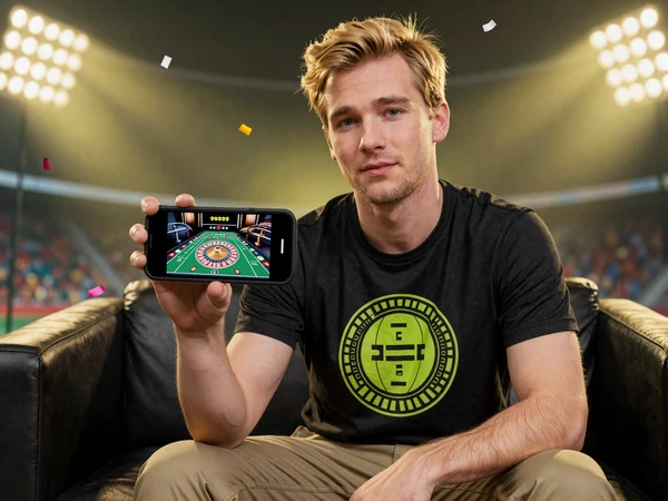 Spieler im Comic-Stil mit Smartphone im Querformat zeigt Live Roulette Tisch auf Sofa mit Stadionlicht-Glow