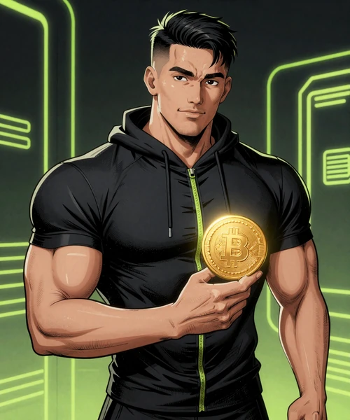 Comic-Stil Mann mit kurzem schwarzen Haar h&auml;lt leuchtende Bitcoin-M&uuml;nze wie Fu&szlig;ball in Tech-Umgebung mit Neongr&uuml;n